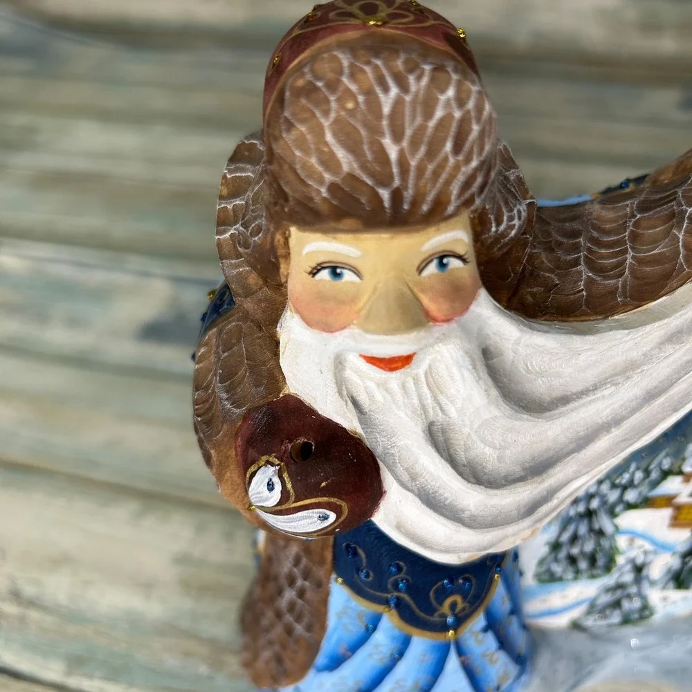 Russian Santa Father Frost Wood Hand Carved Painted‎ Signed Owl Tree Moroz